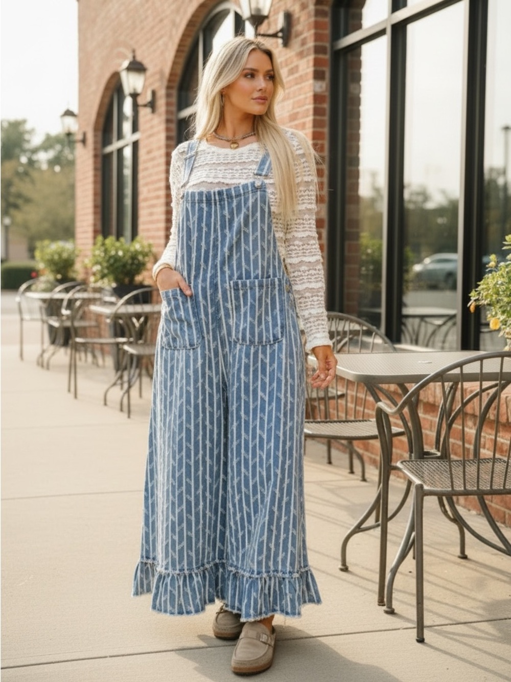 1251. Light Wash Striped Distressed Ruffle Hem Wide Leg Denim Overalls